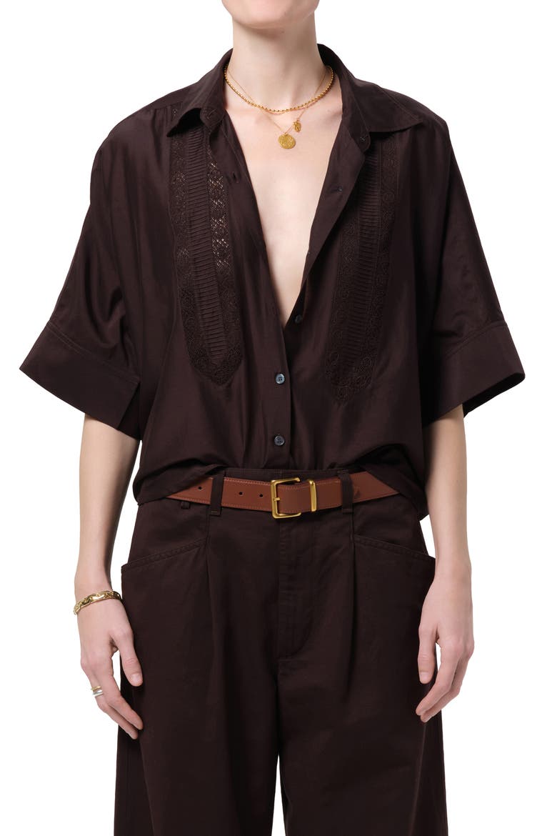 Claire Lace Inset Cotton & Silk Blend Button-Up Top, Main, color, CHOCOLATE DARK BROWN