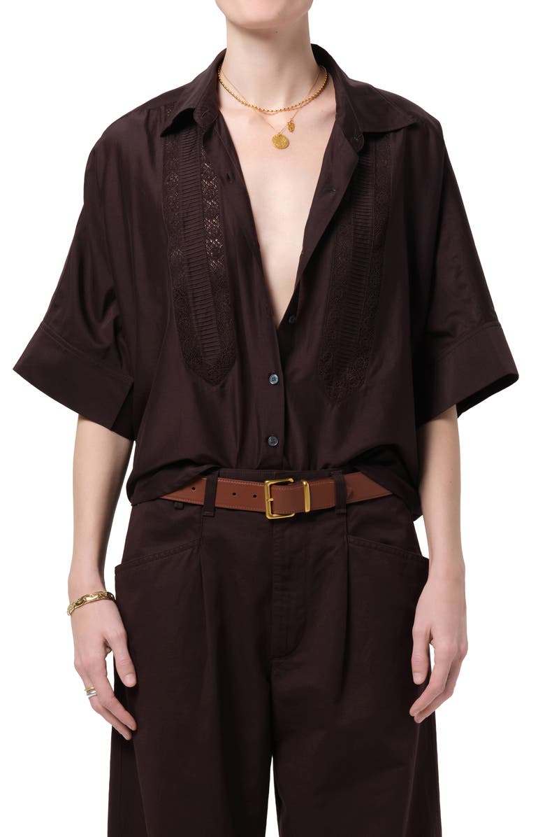 Citizens of Humanity Claire Lace Inset Cotton & Silk Blend Button-Up Top, Main, color, Chocolate Dark Brown