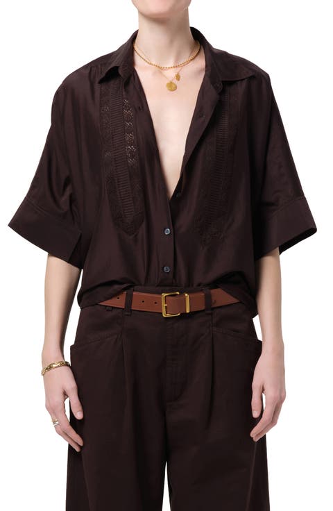 Claire Lace Inset Cotton & Silk Blend Button-Up Top
