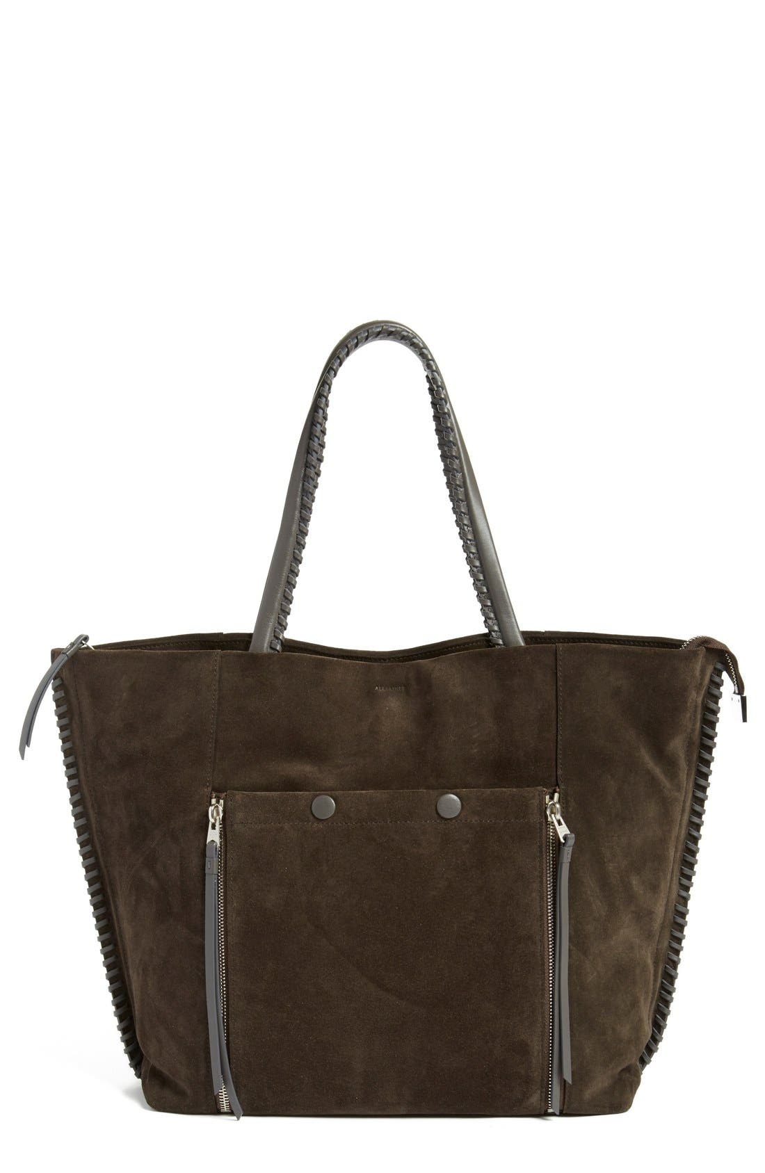 AllSaints 'Fleur de Lis East/West' Suede Tote, Main, color, 