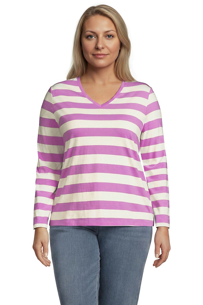 Plus Size Supima Cotton Long Sleeve V-Neck T-Shirt, Main, color, Ivory/Aster Pink Bold Stripe
