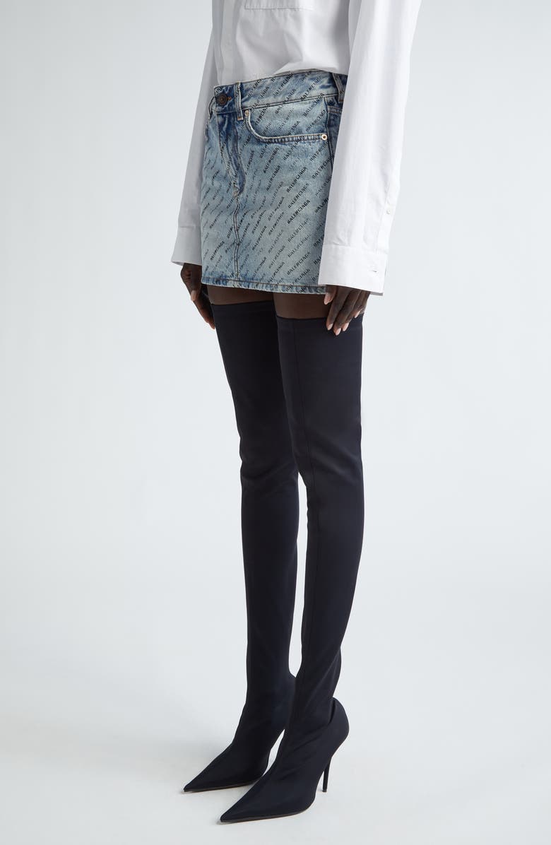 Balenciaga Logo Print Low Rise Denim Miniskirt, Alternate, color, Iced Blue