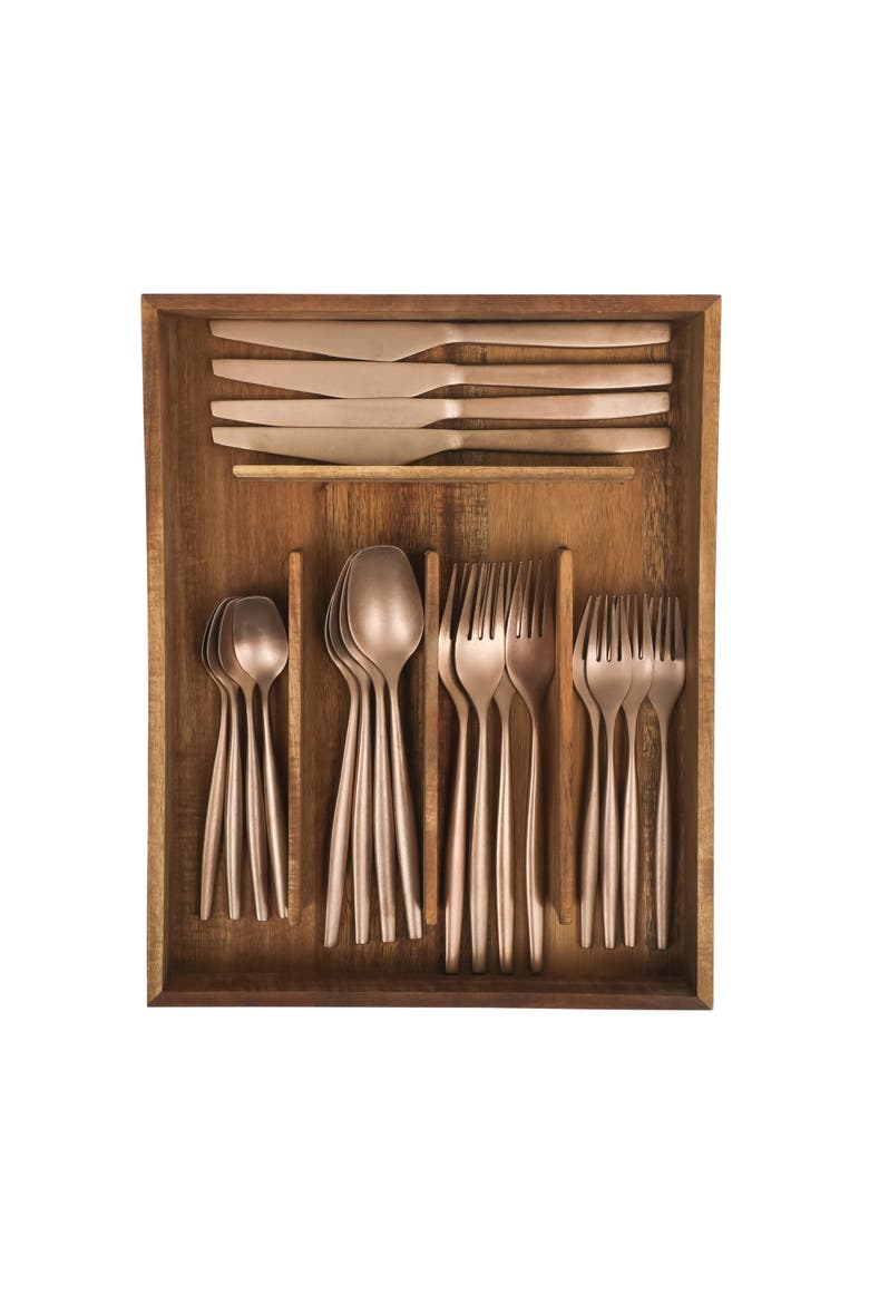 20 Piece Stone Washed Flatware 18/10 Stainless Steel Silverware Cutlery Utensil Set with Acacia Wood Caddy, Main, color, Gold