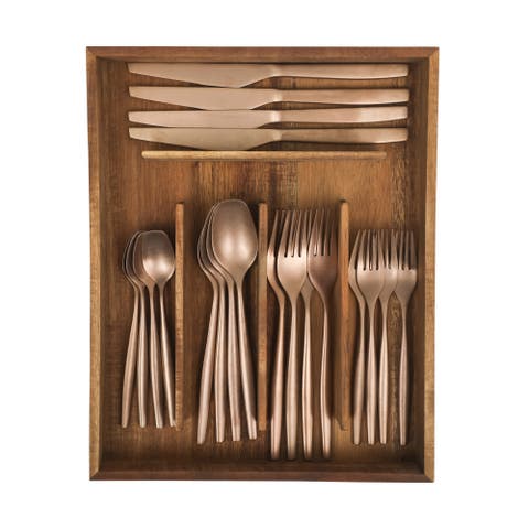 20 Piece Stone Washed Flatware 18/10 Stainless Steel Silverware Cutlery Utensil Set with Acacia Wood Caddy