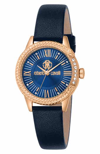 Roberto Cavalli Crystal Leather Strap Watch, 30mm