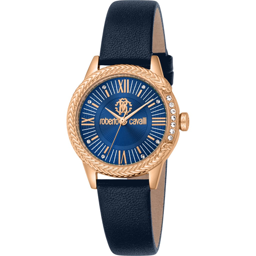 ROBERTO CAVALLI ROBERTO CAVALLI CRYSTAL LEATHER STRAP WATCH, 30MM