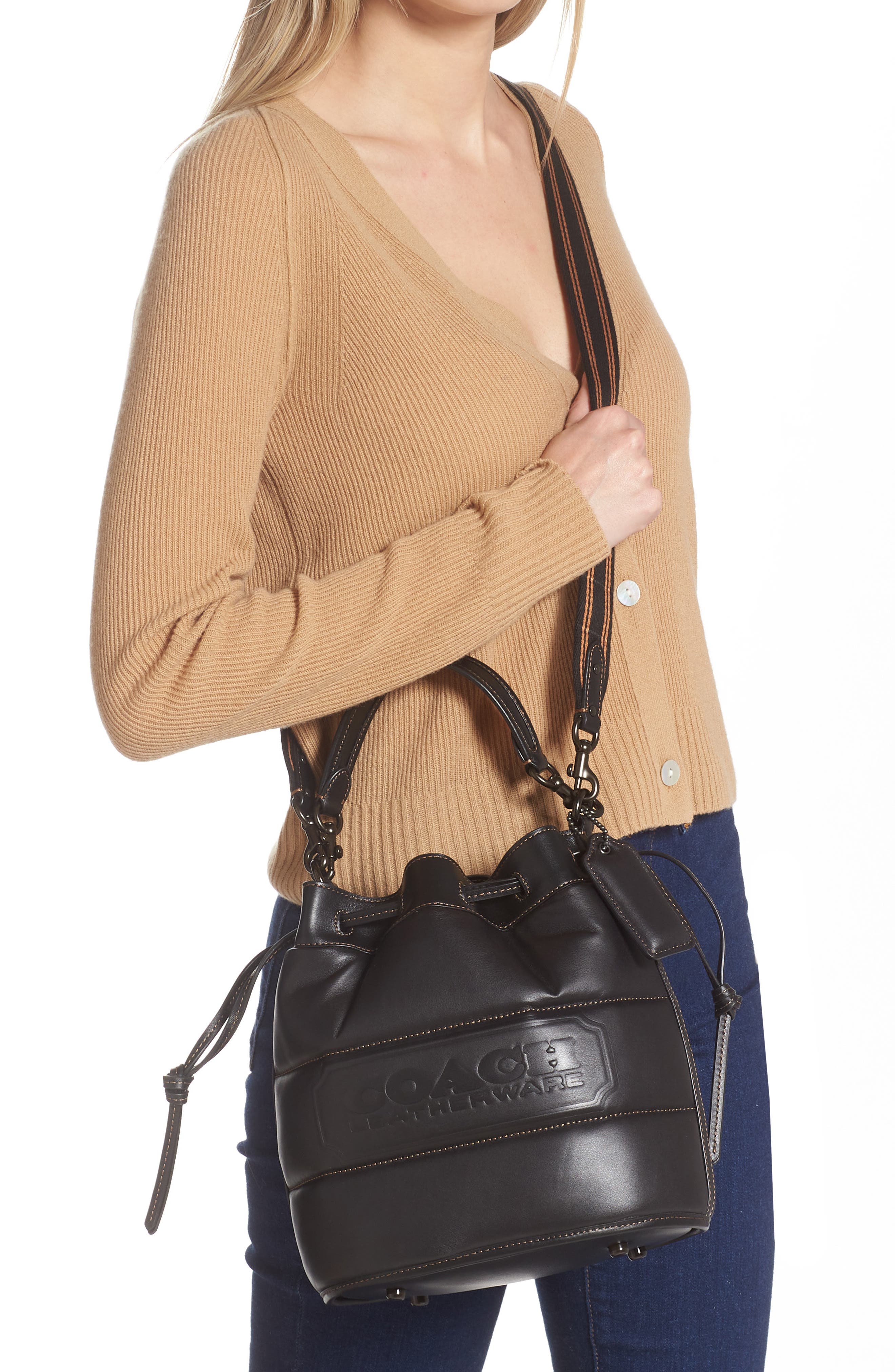 COACH Quilted Badge Leather Field Bucket Bag, Alternate, color, 