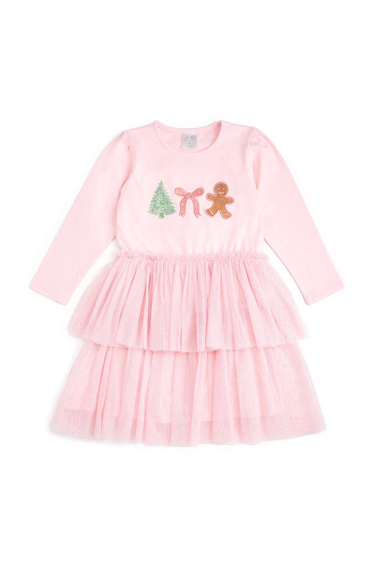 Gingerbread Embroidered Christmas Long Sleeve Tutu Dress, Main, color, Pink