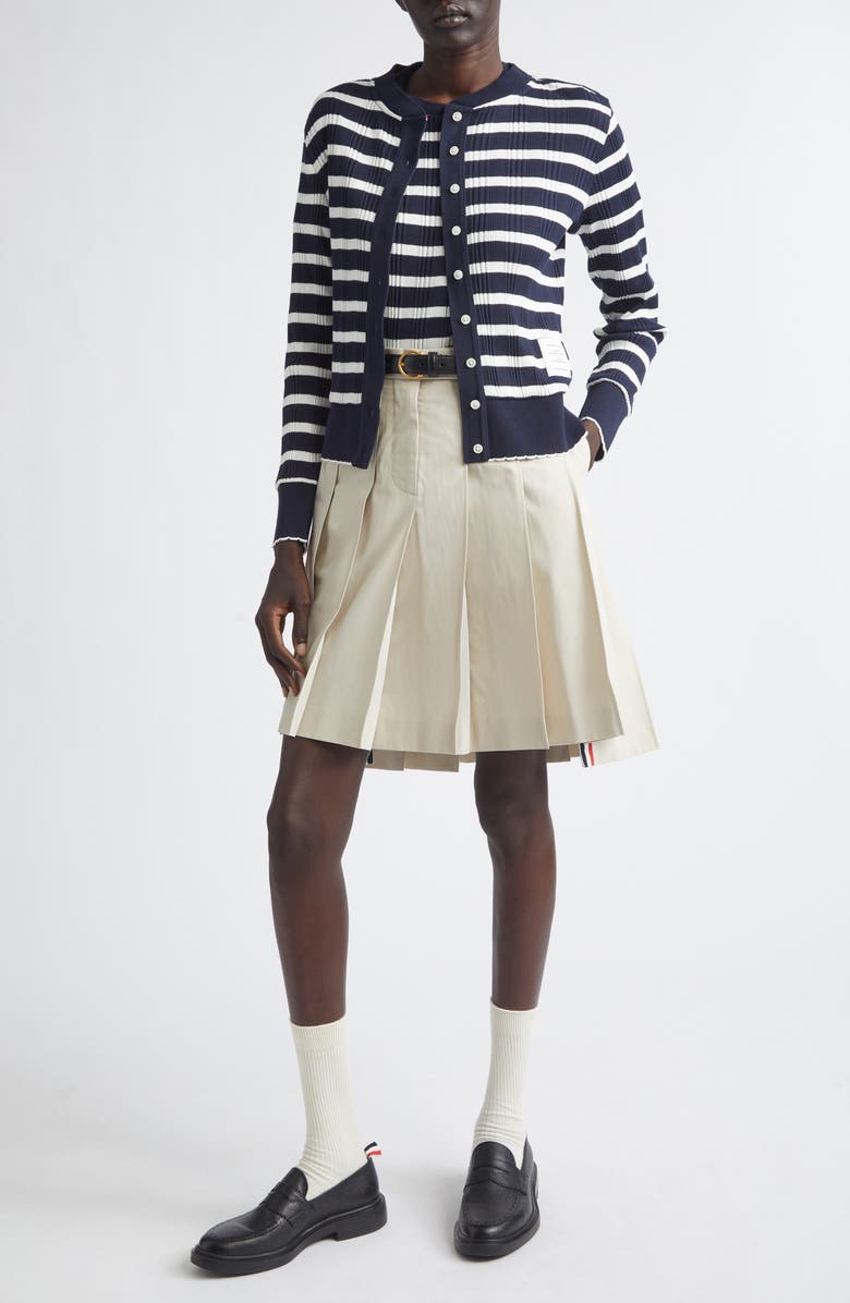 Thom Browne Stripe Scallop Edge Cotton Rib Cardigan, Alternate, color, Navy/ White