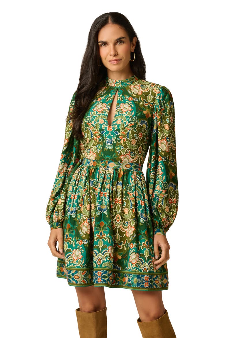 Print Mock Neck Long Sleeve Minidress, Alternate, color, OLIVE MULTI