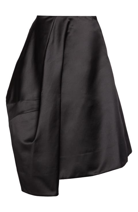 Asymmetrical Draped Satin Midi Skirt