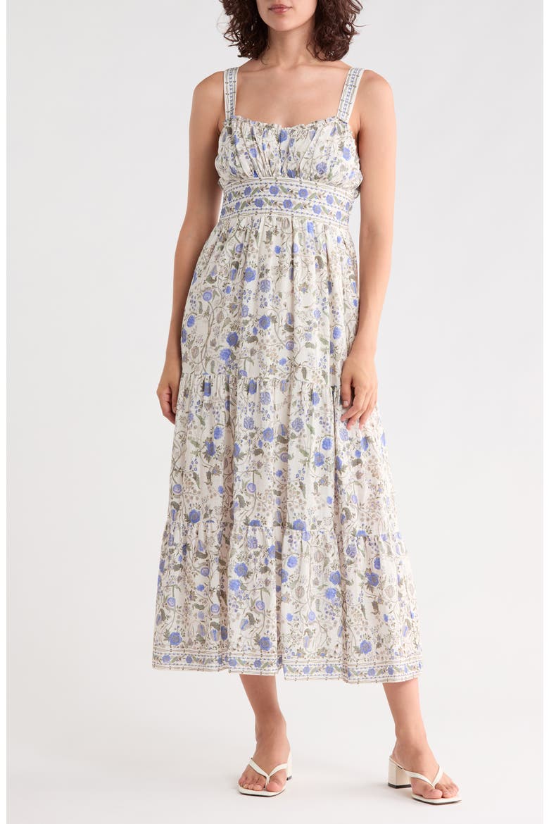 Strappy Tiered Maxi Dress, Main, color, CREAM/ BLUE FADED