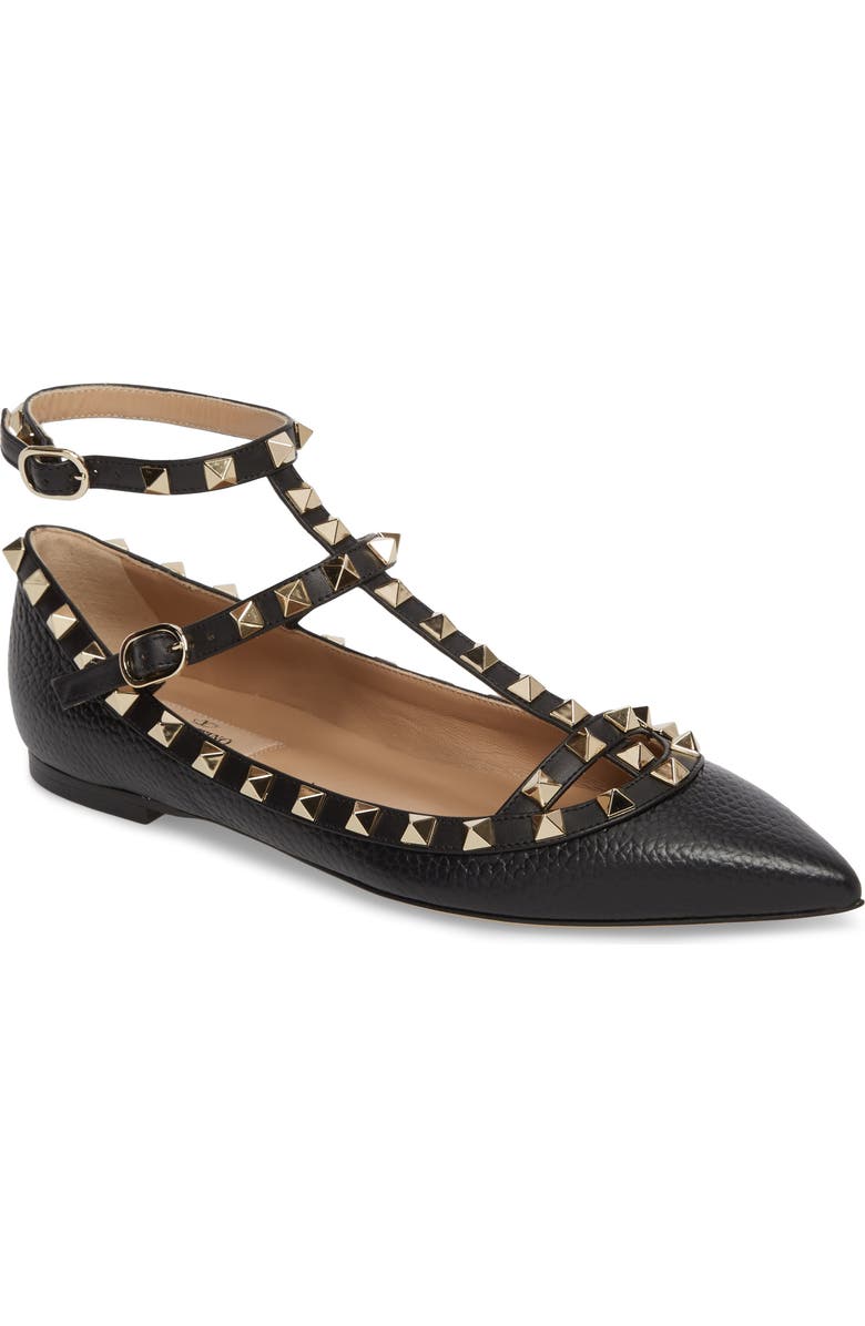 Valentino Garavani Rockstud Ankle Strap Pointy Toe Flat, Main, color,
