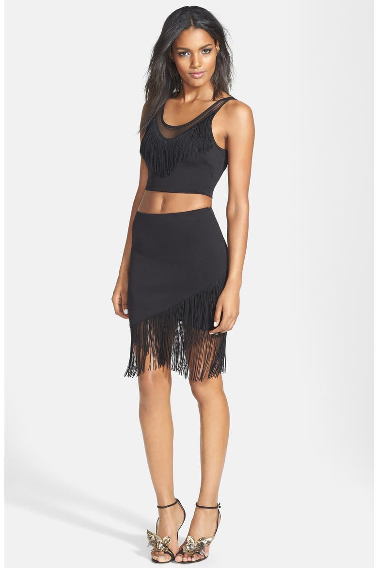 ASTR Fringed Faux Wrap Skirt, Alternate, color, BLACK