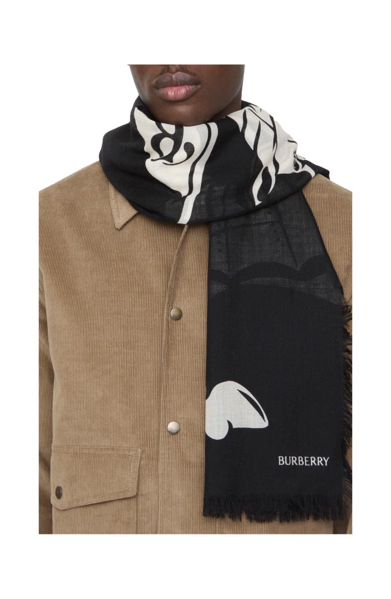 Burberry Wide EKD Wool Scarf, Alternate, color, Black/Calico