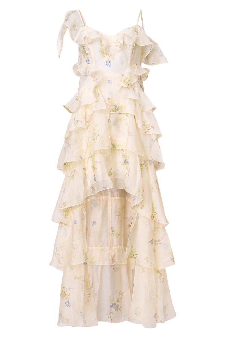 tiered satin charmeuse ruffle high low dress Amur Women's Janey Tiered Shell Midi Dress - Pink - Size 2