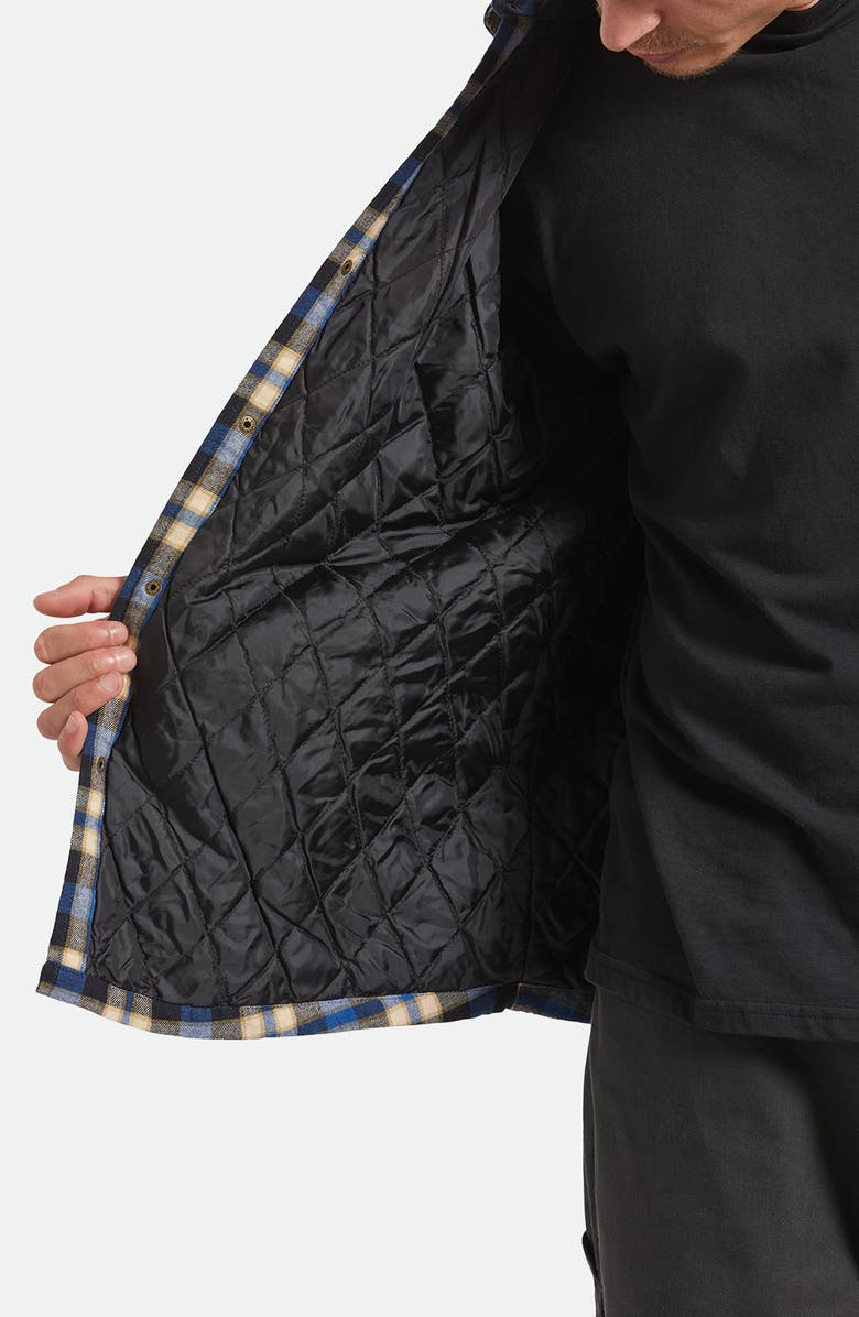 Brixton Bowery Quilted Hooded Plaid Flannel Snap-Up Jacket, Alternate, color, Navy/ Cream