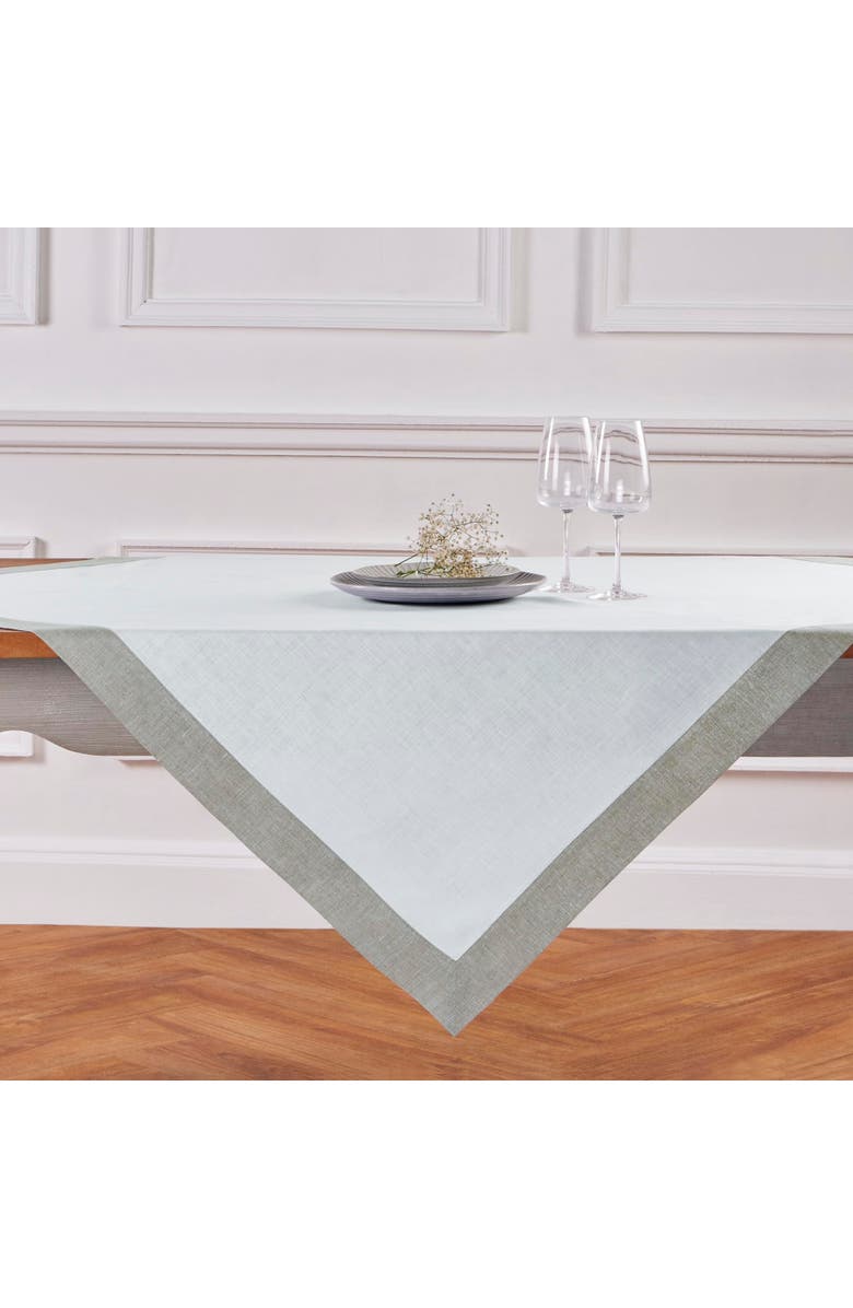 Solino Home Linen Table Throw - Festive Edge, 52" x 52" Inch, Alternate, color, White/Natural Shimmer Border