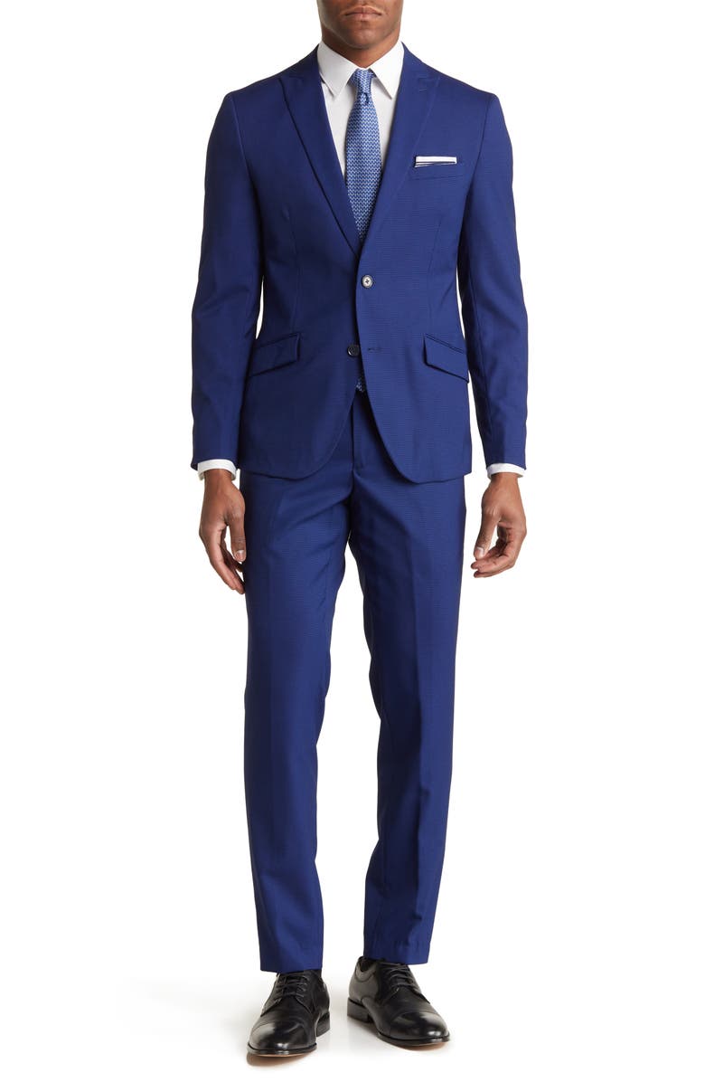 SAVILE ROW CO Brixton Navy Blue Two Button Peak Lapel Suit, Main, color,