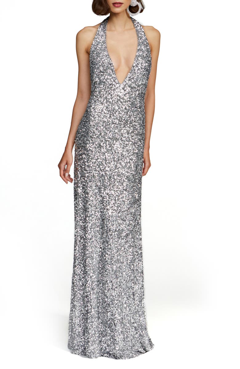 HALSTON Ena Halter Sequin Gown, Main, color,