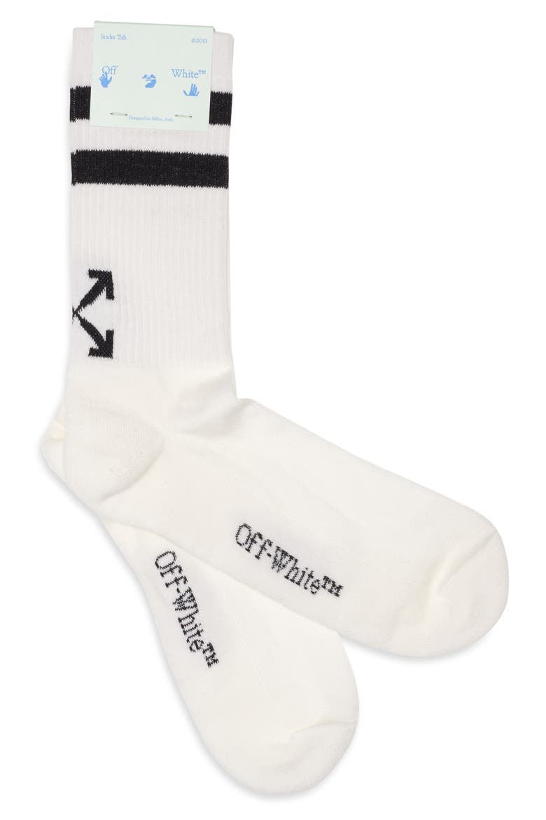 Stripe Arrow Logo Crew Socks, Main, color, WHITE BLACK