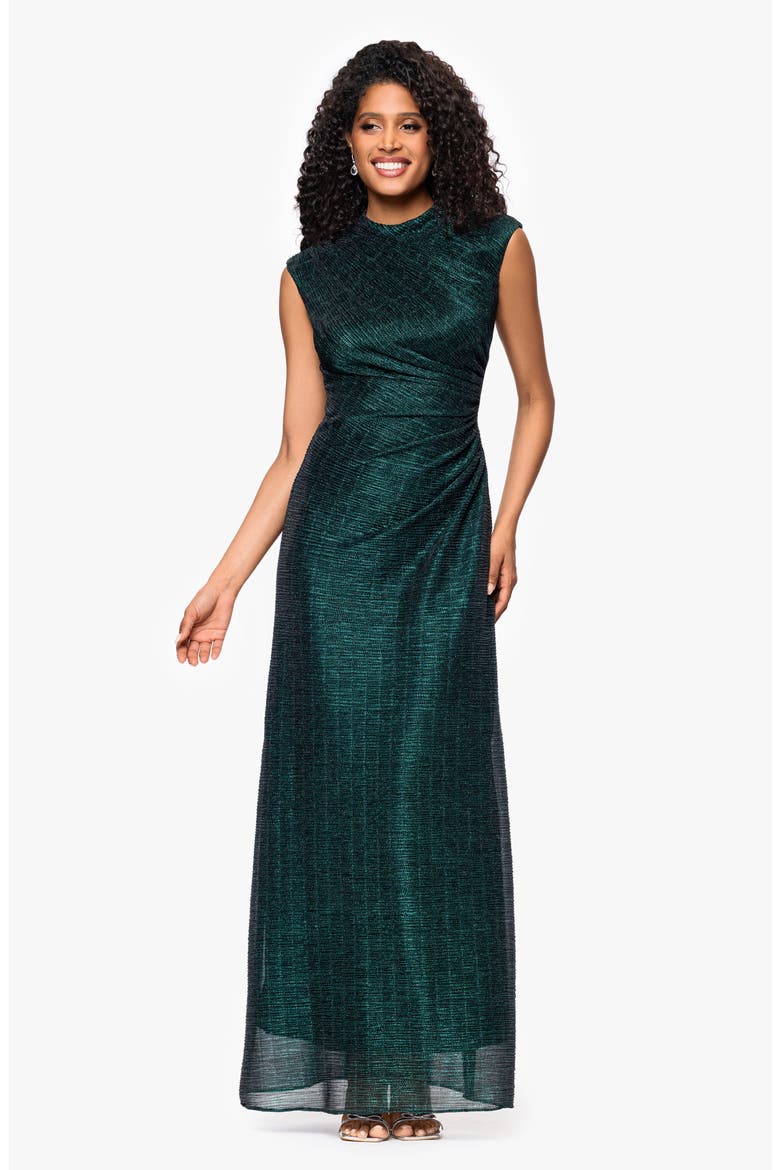 Metallic Crinkle Ruched Gown, Alternate, color, BLACK/ EMERALD