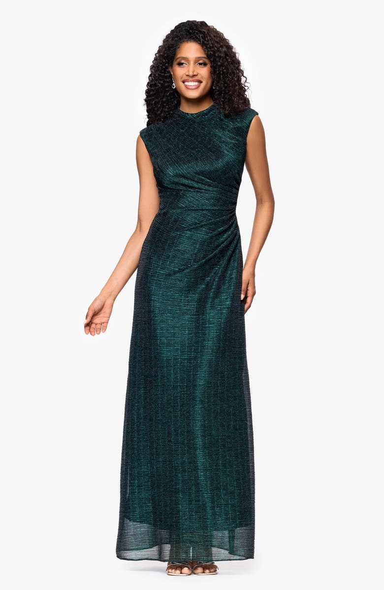 Betsy & Adam Ruched Sleeveless Gown, Alternate, color, Black/ Emerald