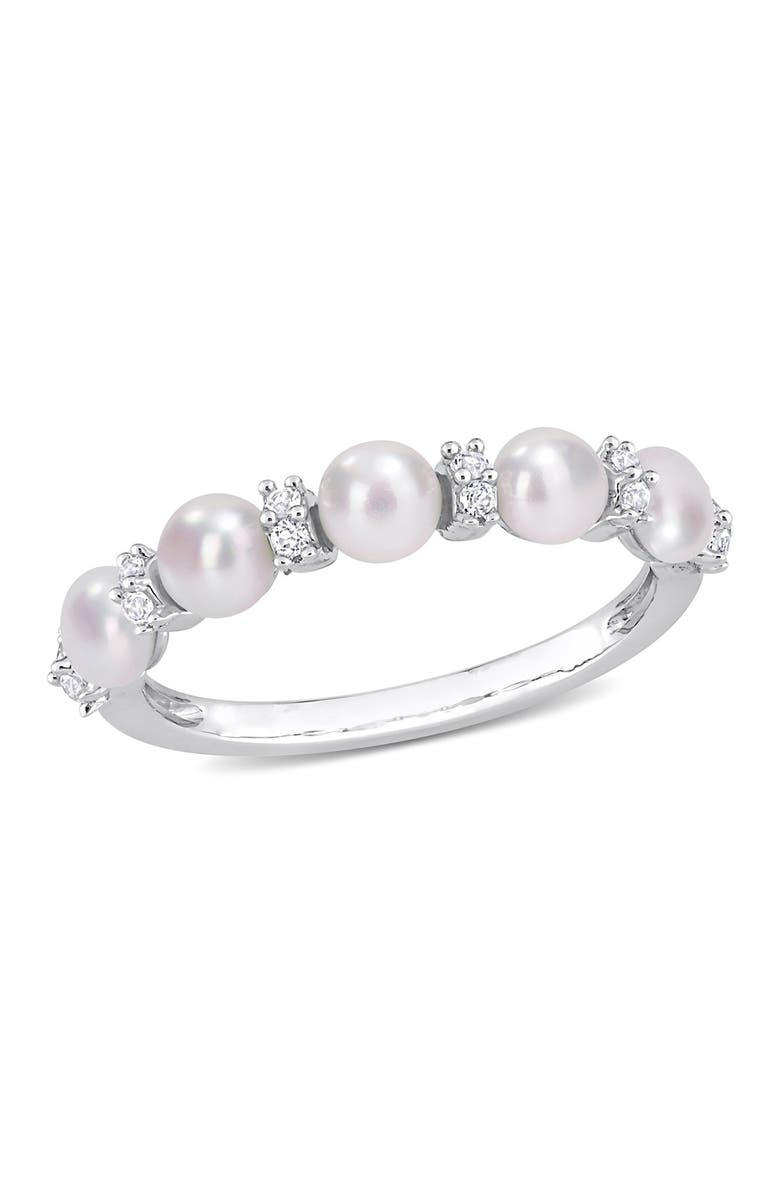 DELMAR Sterling Silver White Topaz & 3.5 - 4mm White Freshwater Cultured Pearl Semi Eternity Ring, Main, color, 