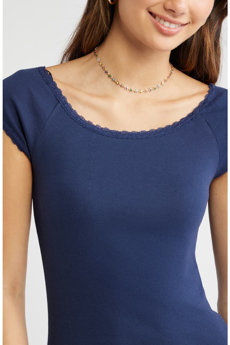 Lace Trim Cotton Blend T-Shirt, Alternate, color, NAVY IRIS