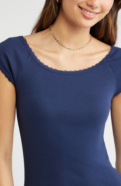 Lace Trim Cotton Blend T-Shirt