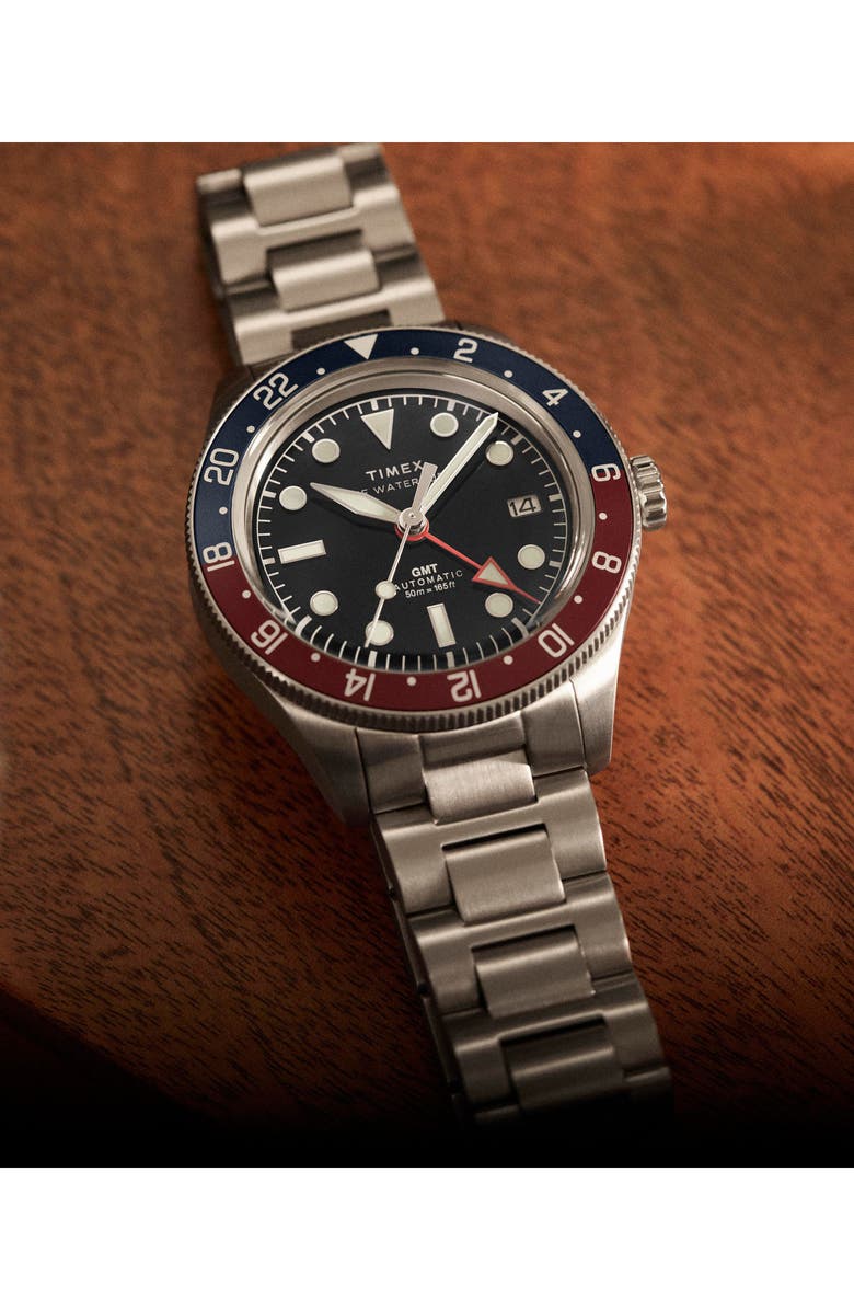 Timex<sup>®</sup> The Waterbury Heritage GMT Automatic Bracelet Watch, 41.5mm, Alternate, color, Silver-Tone