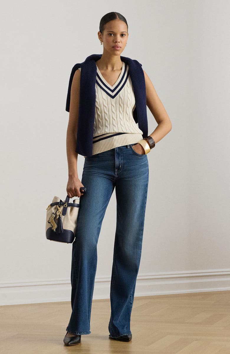 Lauren Ralph Lauren Nalrun Cable Stitch Cotton Cricket Sweater Vest, Alternate, color, Cream/ Refined Blue