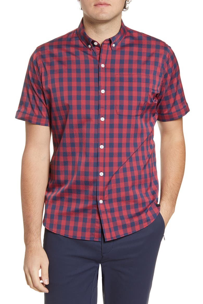 Go Anywhere Check Short Sleeve Button-Up Performance Shirt, Main, color, BIKING RED OVERSIZED GINGHAM