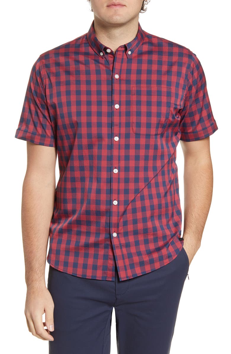  Tommy John Go Anywhere Check Short Sleeve Button-Up Performance Shirt, Main, color, 