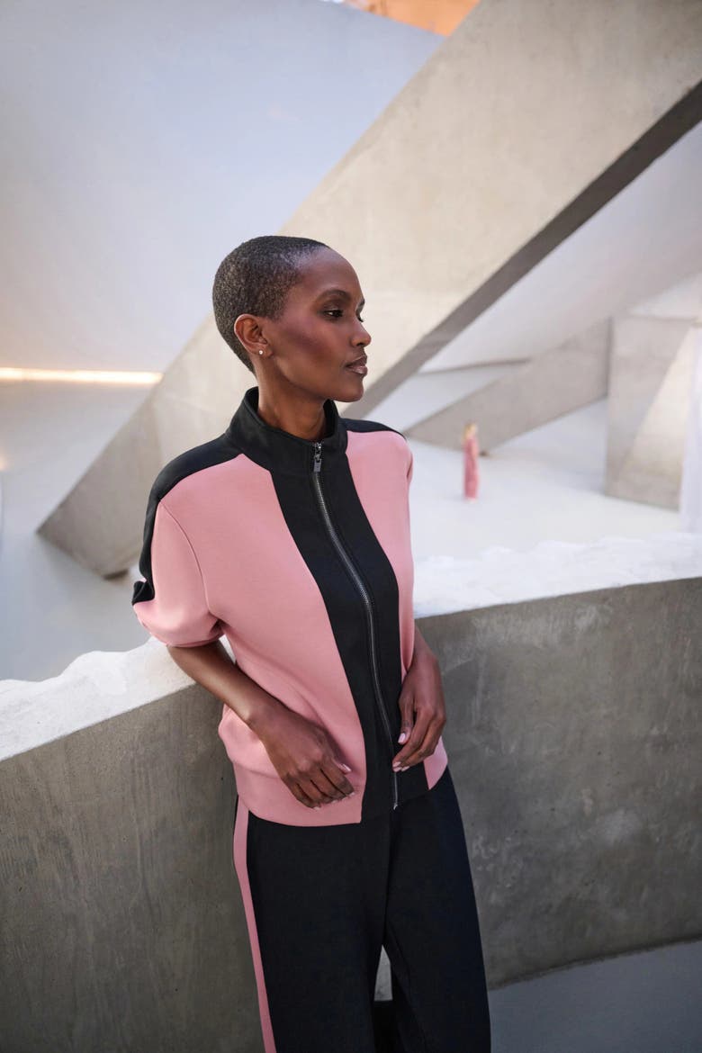 Scuba Jersey Color Block Funnel-Neck Jacket, Alternate, color, Vintage Rose