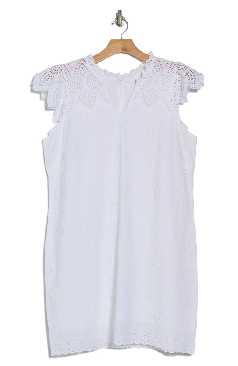 London Times Cap Sleeve Embroidered Eyelet Cotton Shift Dress, Alternate, color, White