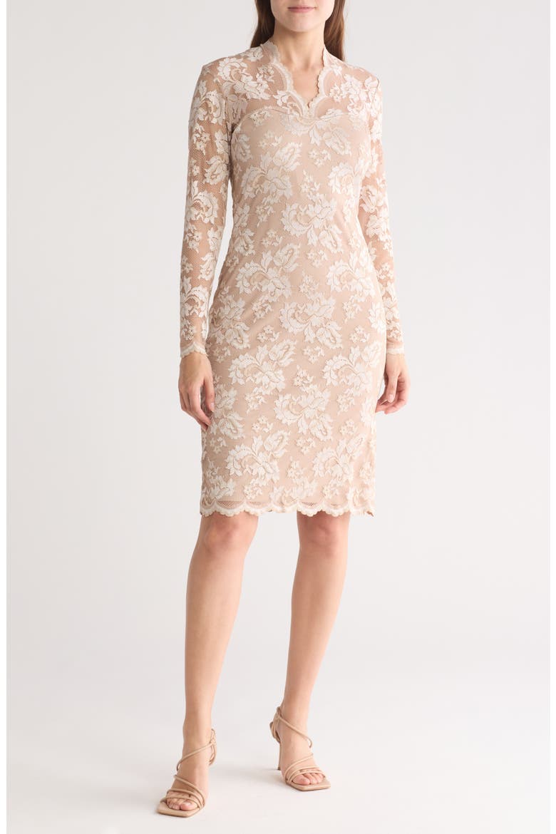 Scallop Lace Long Sleeve Sheath Dress, Main, color, CHAMPAGNE
