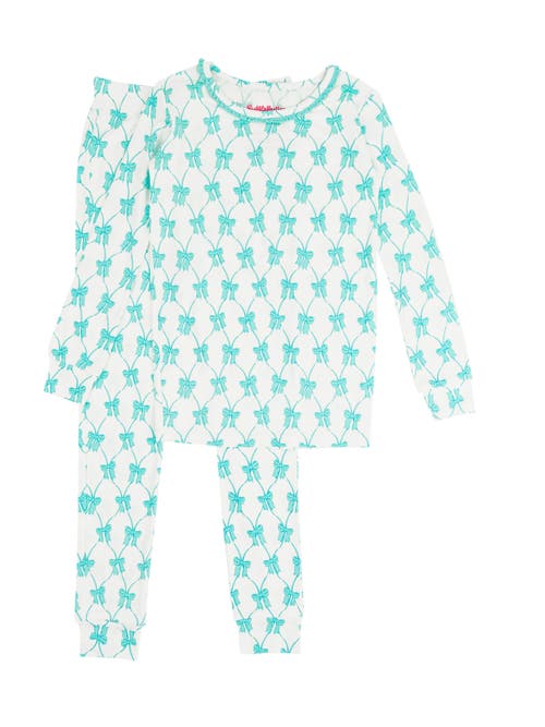 Shop Rufflebutts Softsnooze Girls Ruffle Long Sleeve Pajama Set In Teal Fairytale Bows