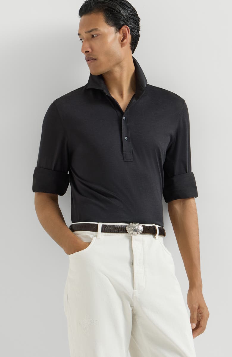 Brunello Cucinelli Silk and cotton lightweight jersey long sleeve polo with shirt-style collar, Alternate, color, Navy Blue