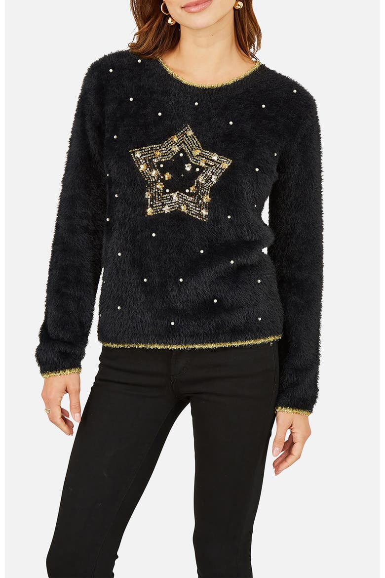 Fluffy Star Holiday Sweater, Alternate, color, Black