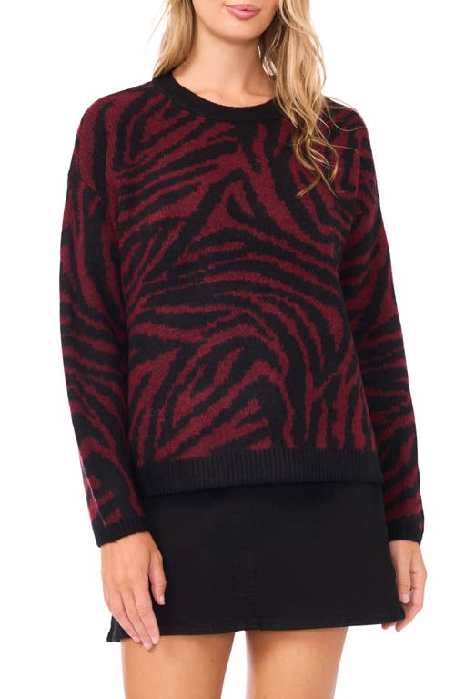 Vince Camuto Zebra Jacquard Crewneck Sweater In Burgundy