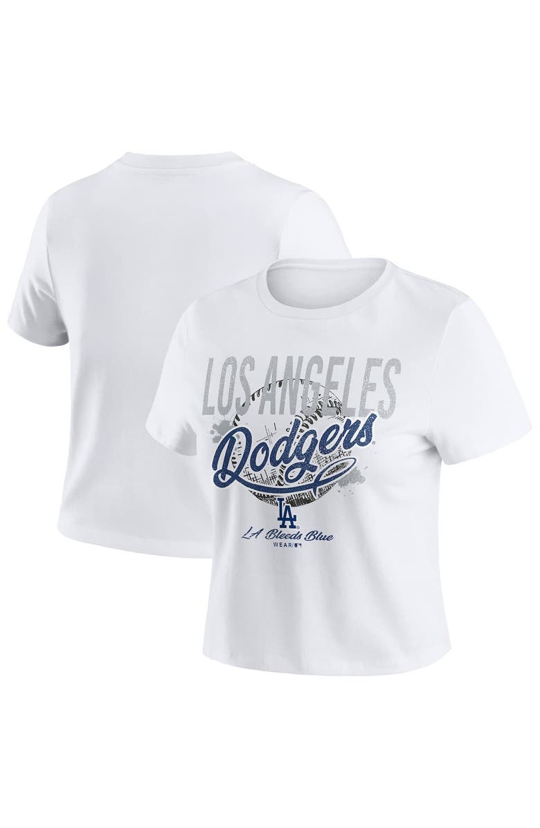 WEAR by Erin Andrews Women's WEAR by Erin Andrews  White Los Angeles Dodgers Distressed Cropped Baby T-Shirt, Alternate, color, 