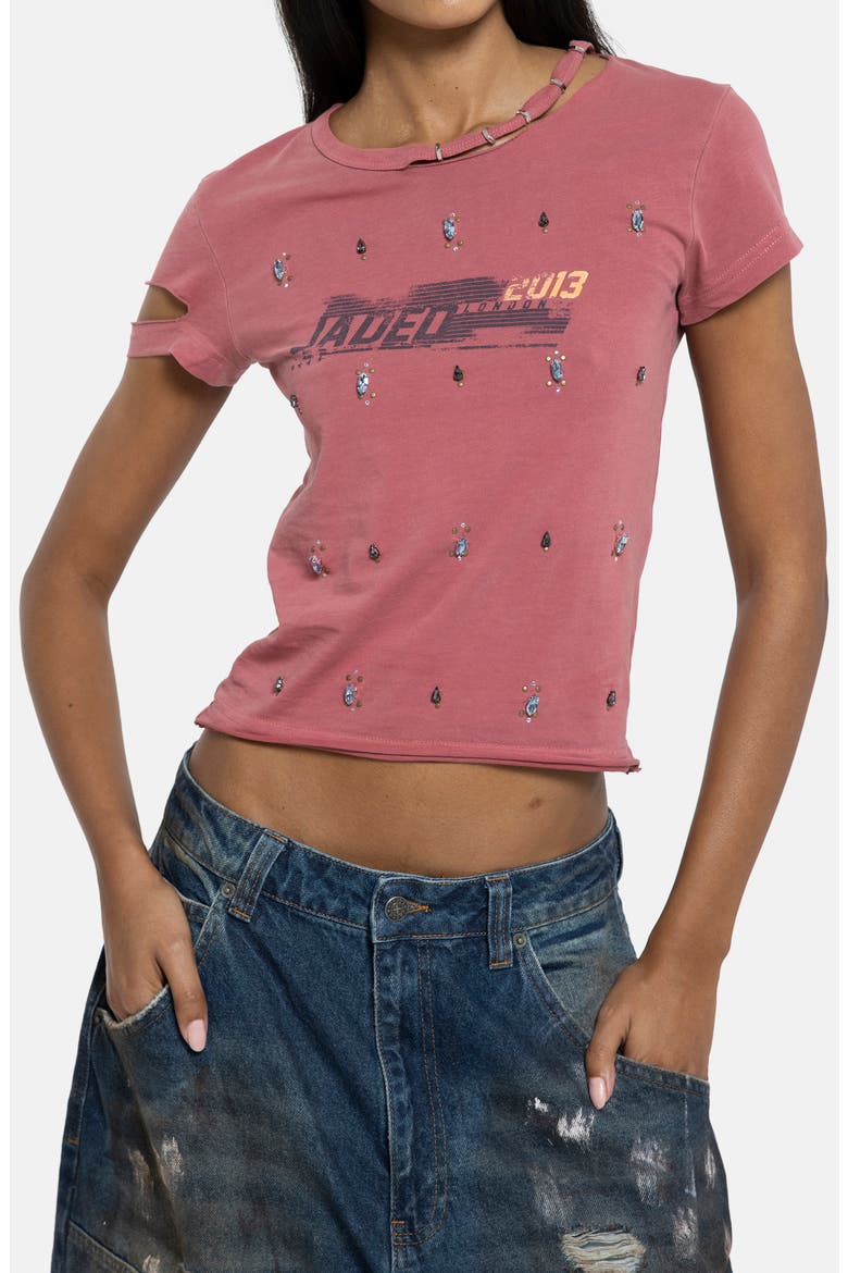 Distressed Jewel Crop T-Shirt, Main, color, RED