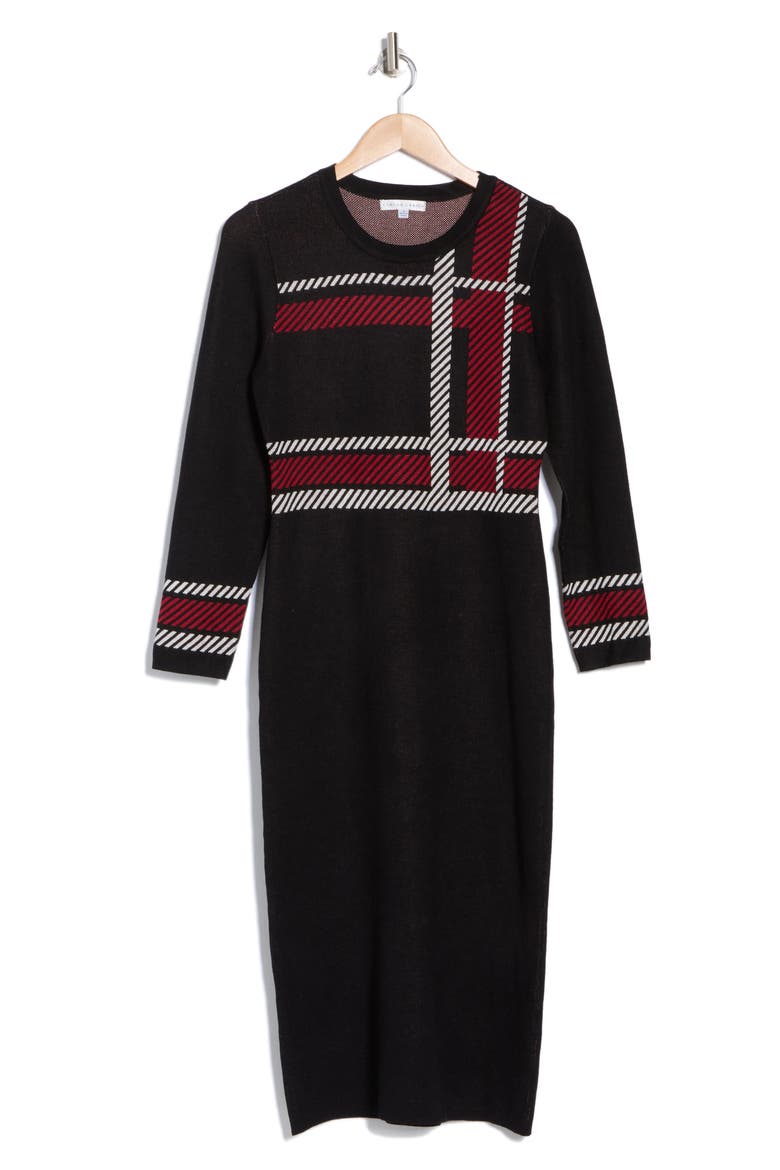 Plaid Long Sleeve Body-Con Sweater Dress, Alternate, color, RED/ WHITE/ BLACK