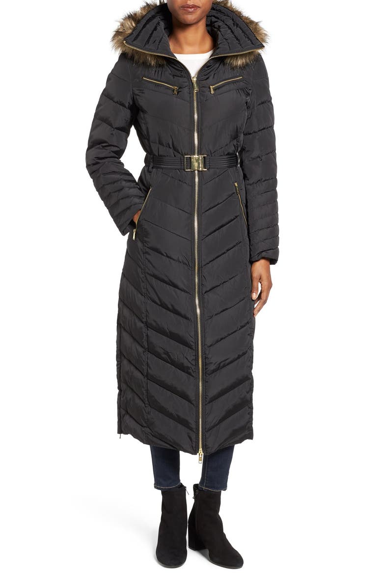Belted Down & Feather Fill Long Coat with Faux Fur Trim Hood, Main, color, BLACK