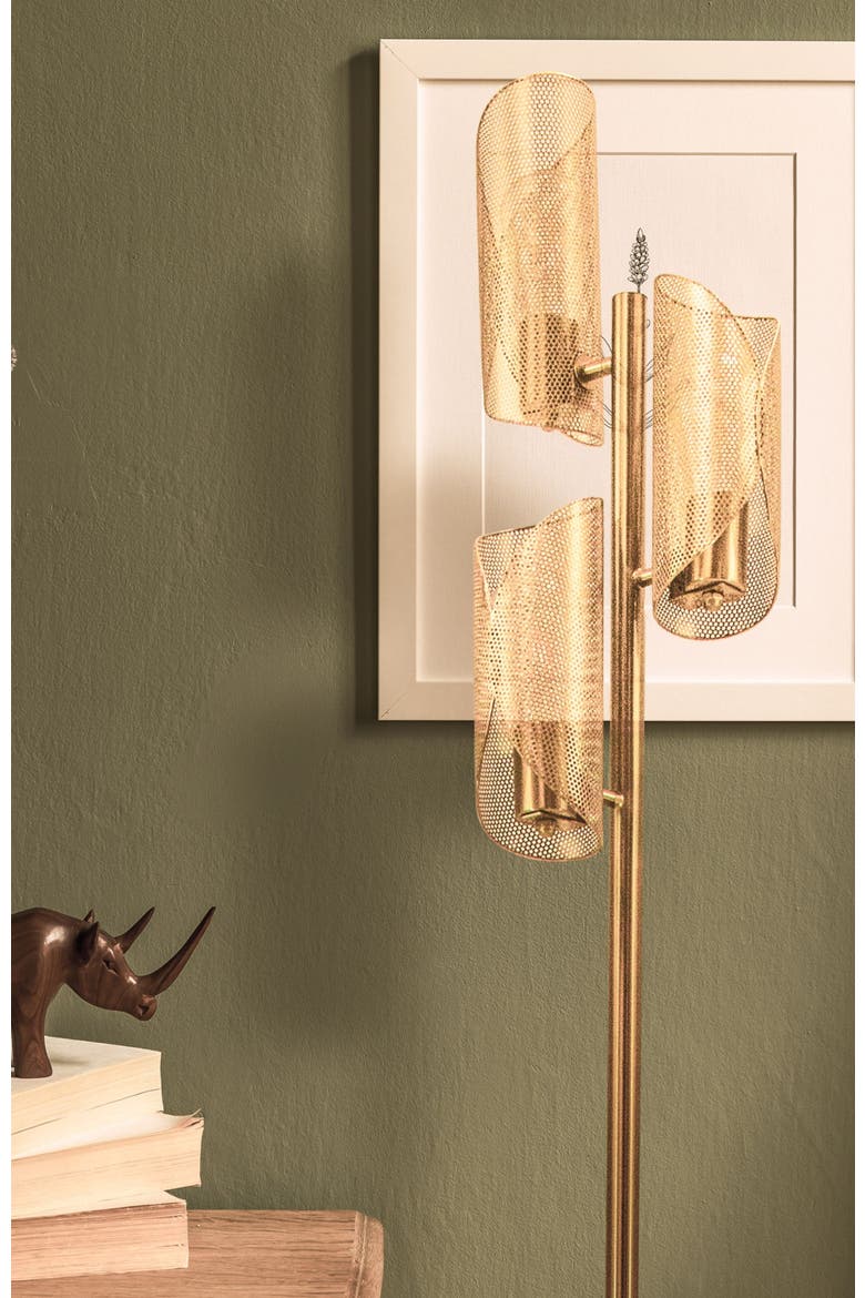 Lyra 71" Mid-Century Modern LED Floor Lamp with Metal Cylinder Shades, Alternate, color, Antique Brass