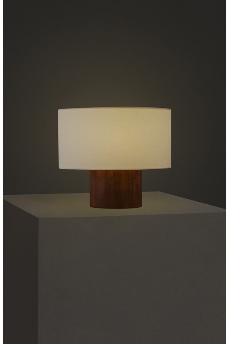 Oliver 10" LED Desk Lamp with Wood Accent and White Cotton Drum Shade, Bulb Included, Alternate, color, Walnut