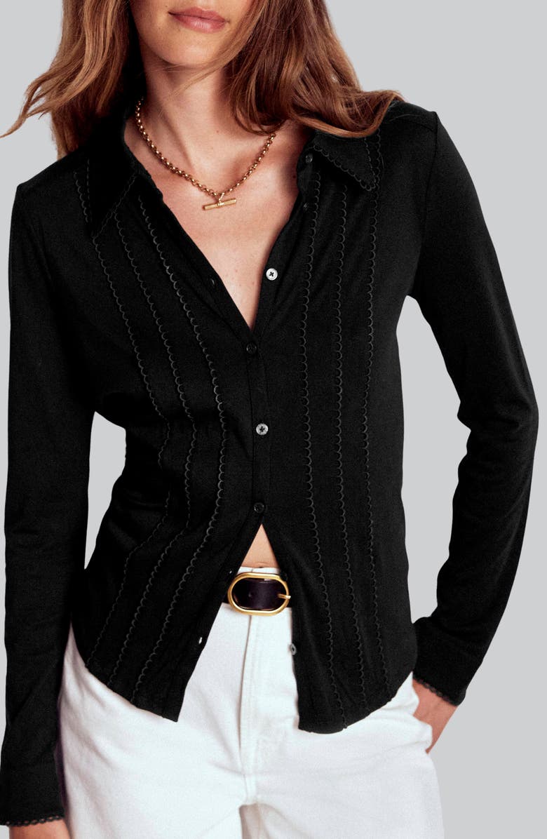 Boden Picot Trim Jersey Button-Up Shirt, Main, color, Black