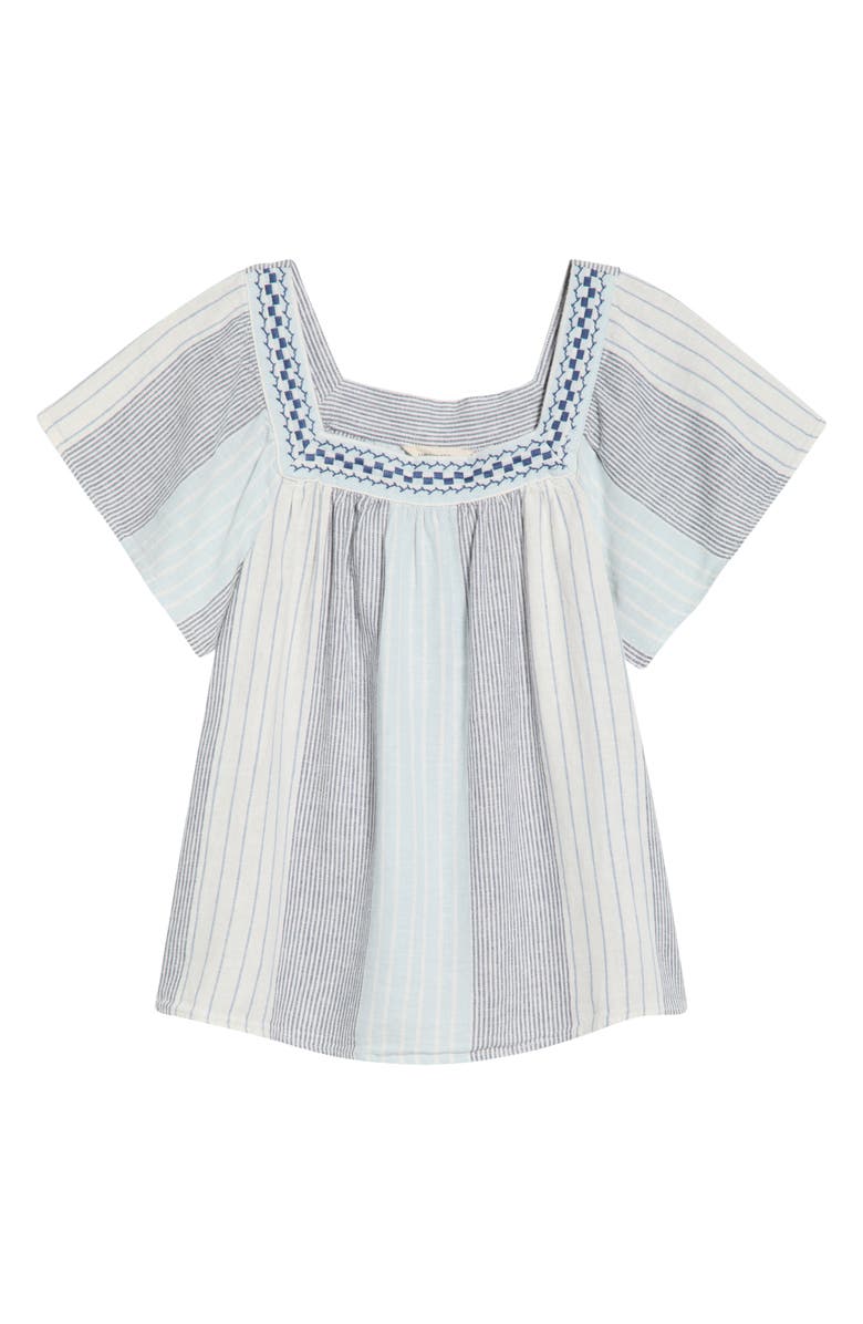 Lucky Brand Stripe Embroidered Square Neck Linen Blend Top, Main, color, Blue Stripe
