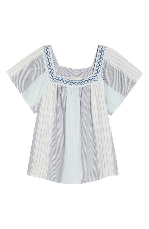 Stripe Embroidered Square Neck Linen Blend Top